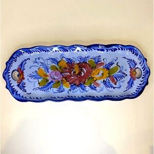 Vtg Hand Painted Bread Tray with Small Handles at Ends Portuguese Pottery Clay